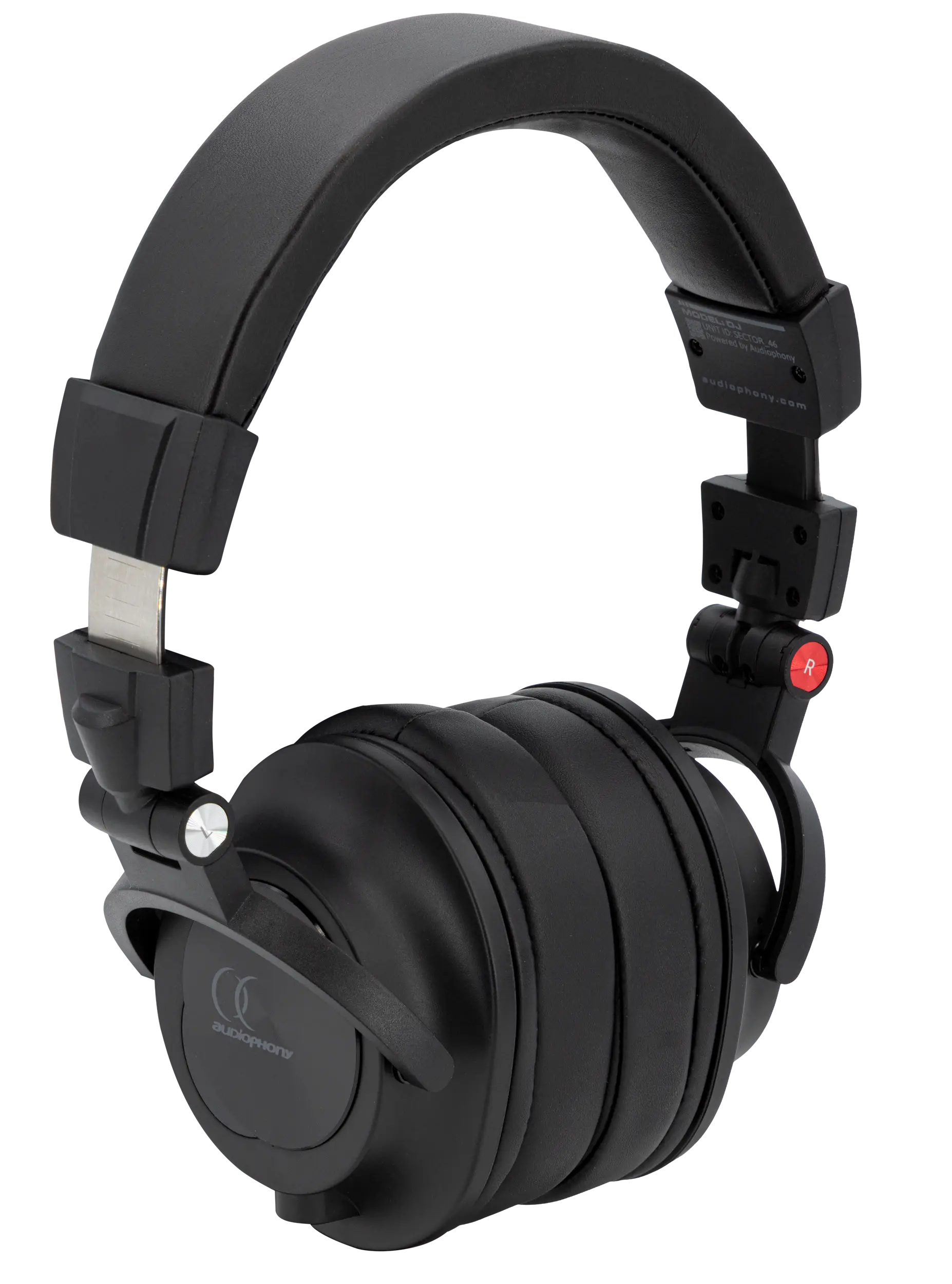 Casque DJ Audiophony détouré, vue trois-quarts, bouton rouge signature