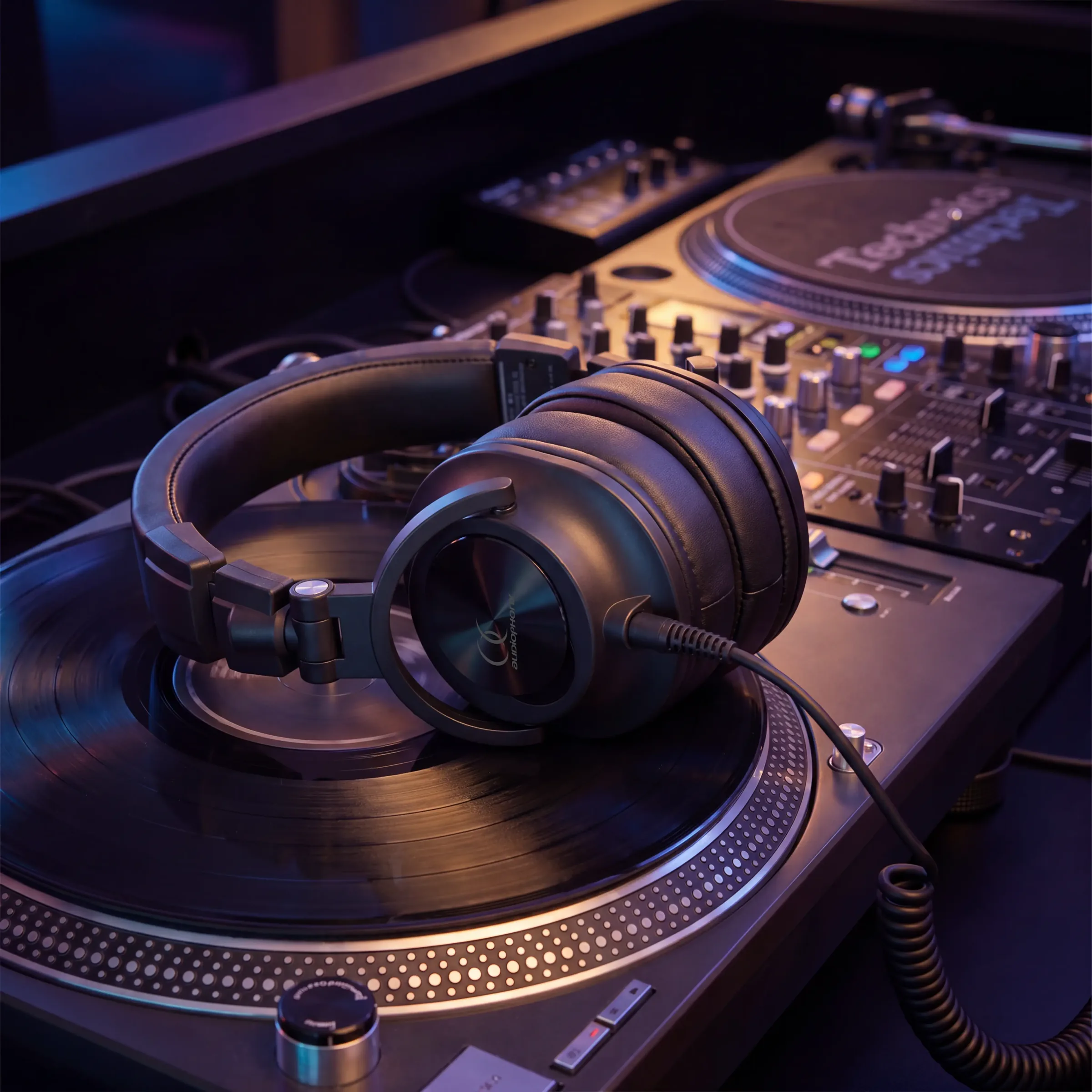 Casque DJ Audiophony posé sur une platine vinyle en cabine, éclairage violet et bleu