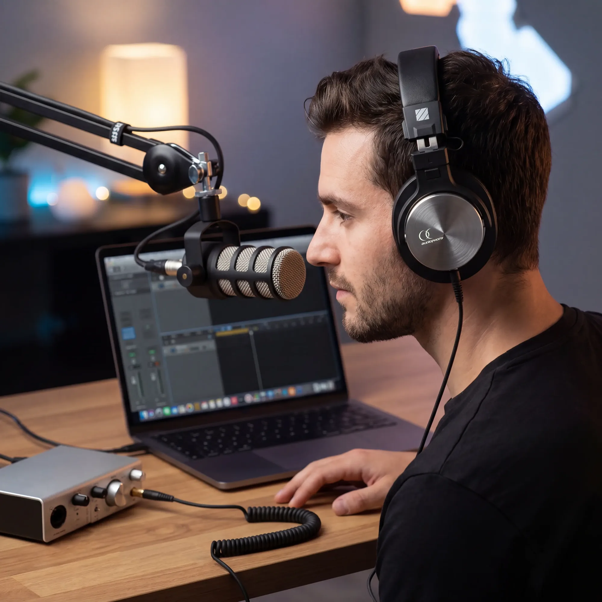 Créateur de contenu utilisant le casque PROD Audiophony devant un micro et un ordinateur