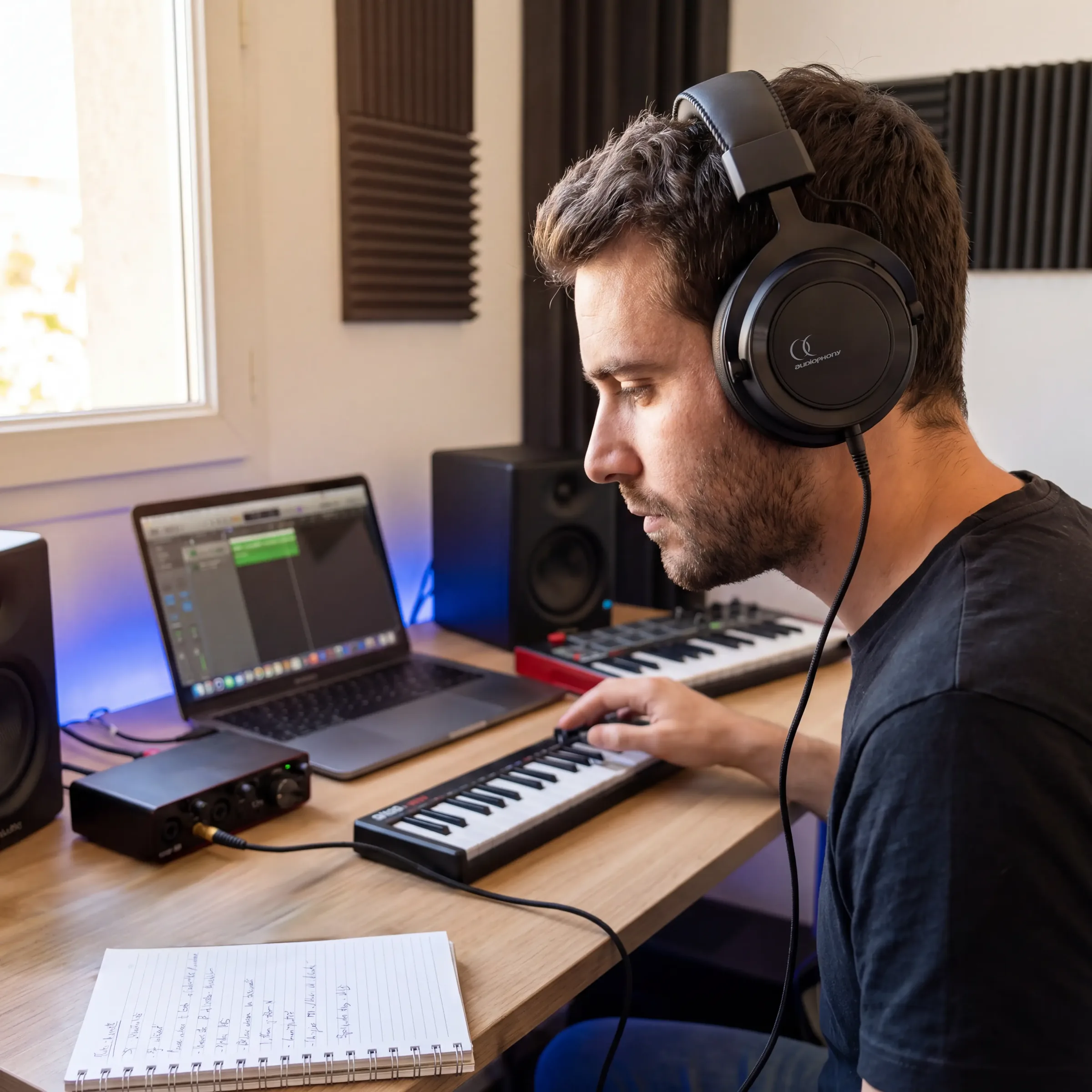 Producteur en session au clavier MIDI avec le casque STUDIO Audiophony