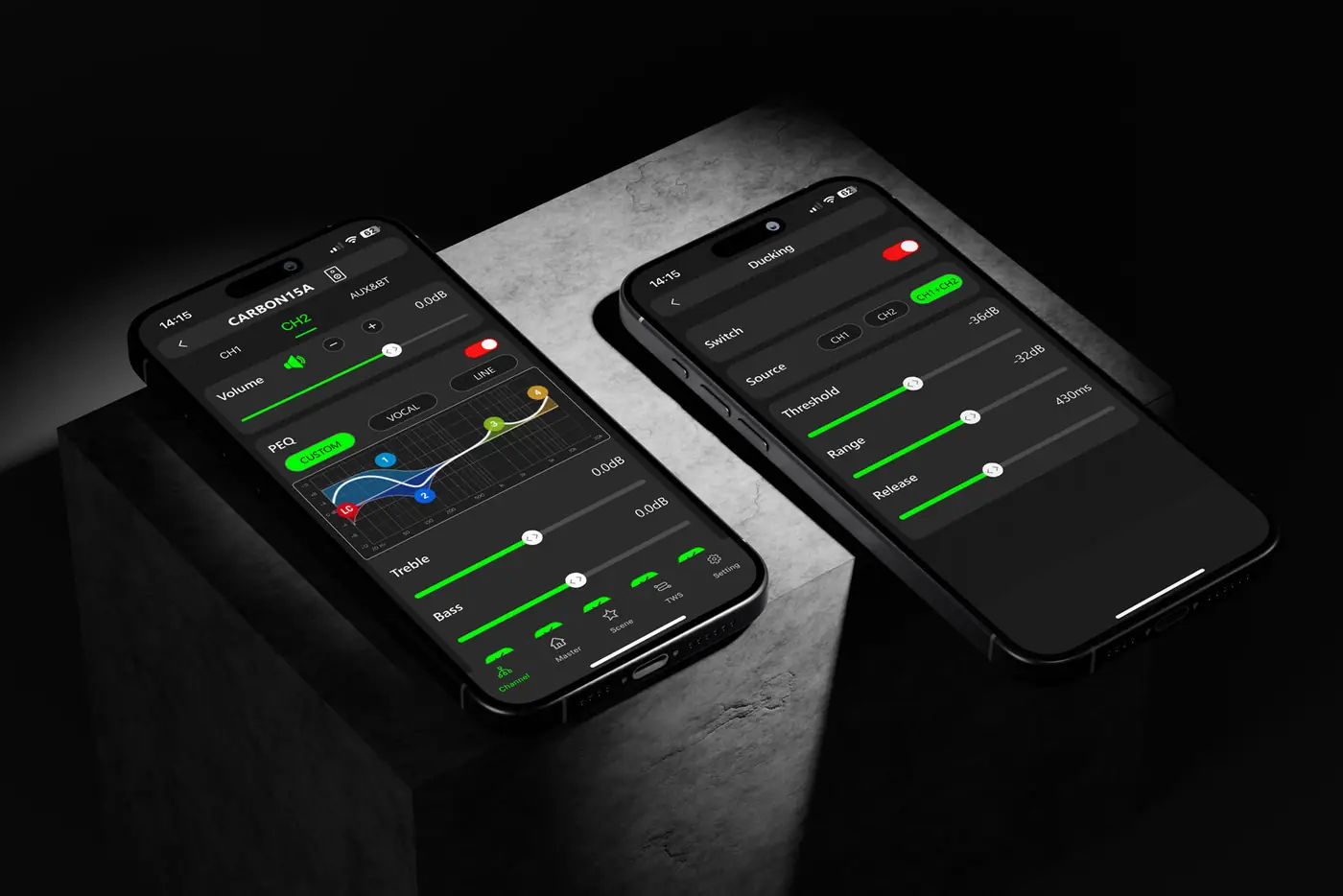CARBON15A settings in the CARBONcontrol app: equaliser and Ducking, on two phones
