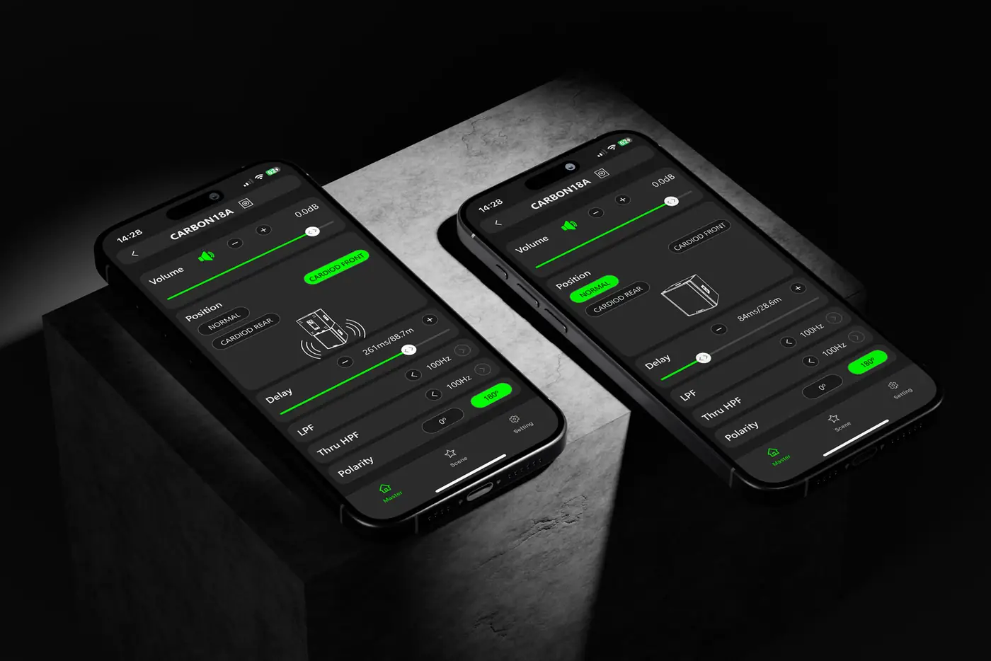 CARBON18ASub subwoofer settings in the CARBONcontrol app, on two phones