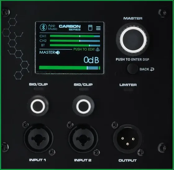 CARBON15A rear panel: DSP screen and connectors